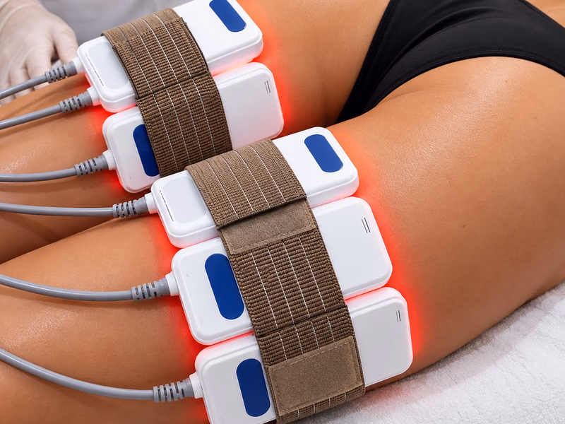 Laser lipolysis pads positioned on a client’s abdomen